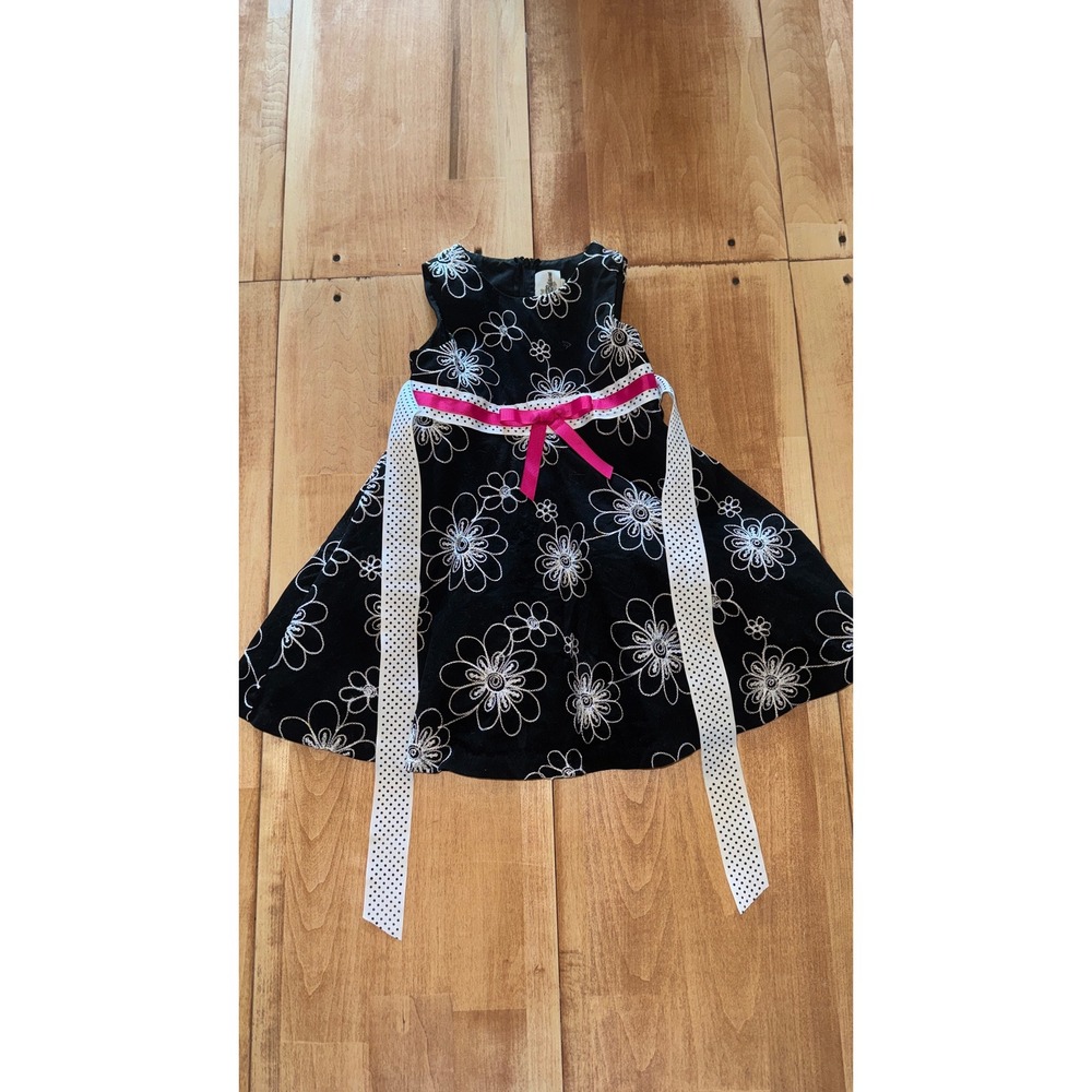Rare Editions Toddler Girls Black Floral Embroidered Dress Pink Bow 4T E253102
